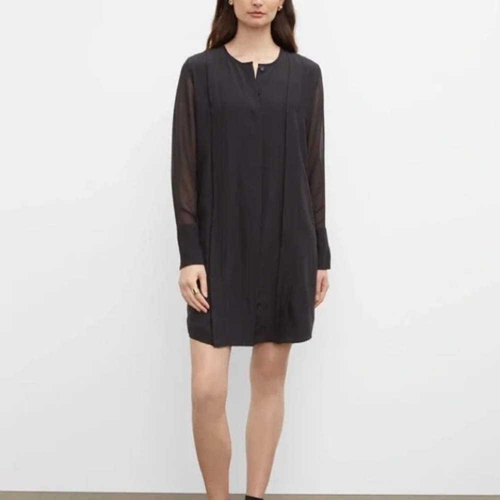 Club Monaco Silk Sheer Play Shirt Dress in Black
